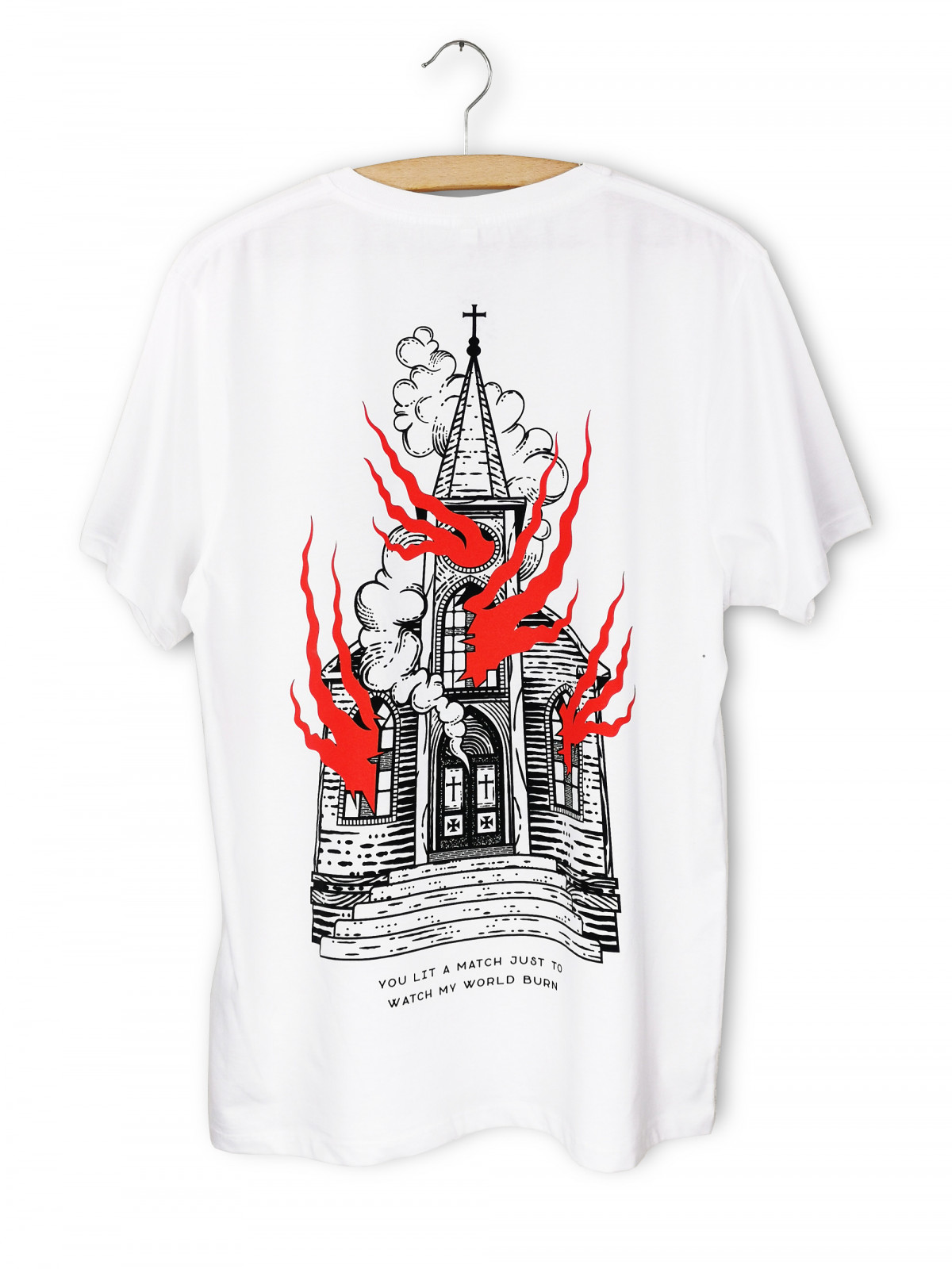 T-shirt 'Burning Church' en coton organique pour hommes et femmes de la marque suisse streetwear bastonnade clothing.
