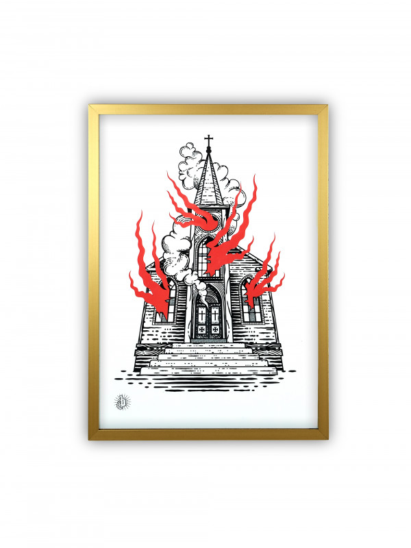 Print du design 'Burning Church' pour décorer ton intérieur de la marque suisse streetwear bastonnade clothing.