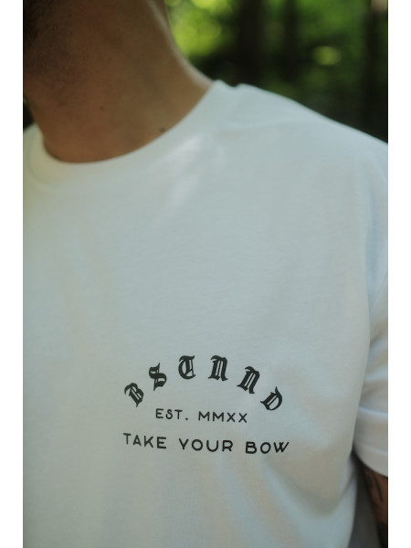 Details of the 'Take Your Bow' tee for men and women by swiss streetwear brand bastonnade clothing.