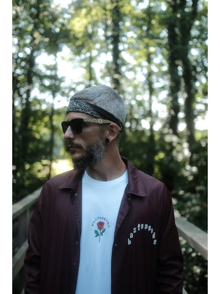 Julien wears the 'Dead Heart' coach jacket/windbreaker for men and women by swiss streetwear brand bastonnade clothing.